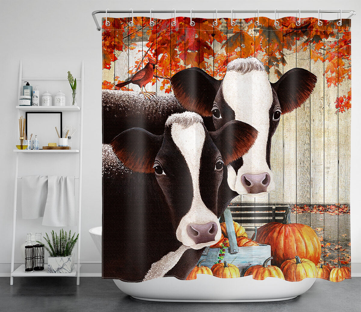 Autumn Maple Leaf Shower Curtain with Farm Animals, Cows, and Pumpkins for a Festive Vibe