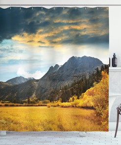Autumn Mountain Scenery Shower Curtain - Grassland Sun Print For Bathroom