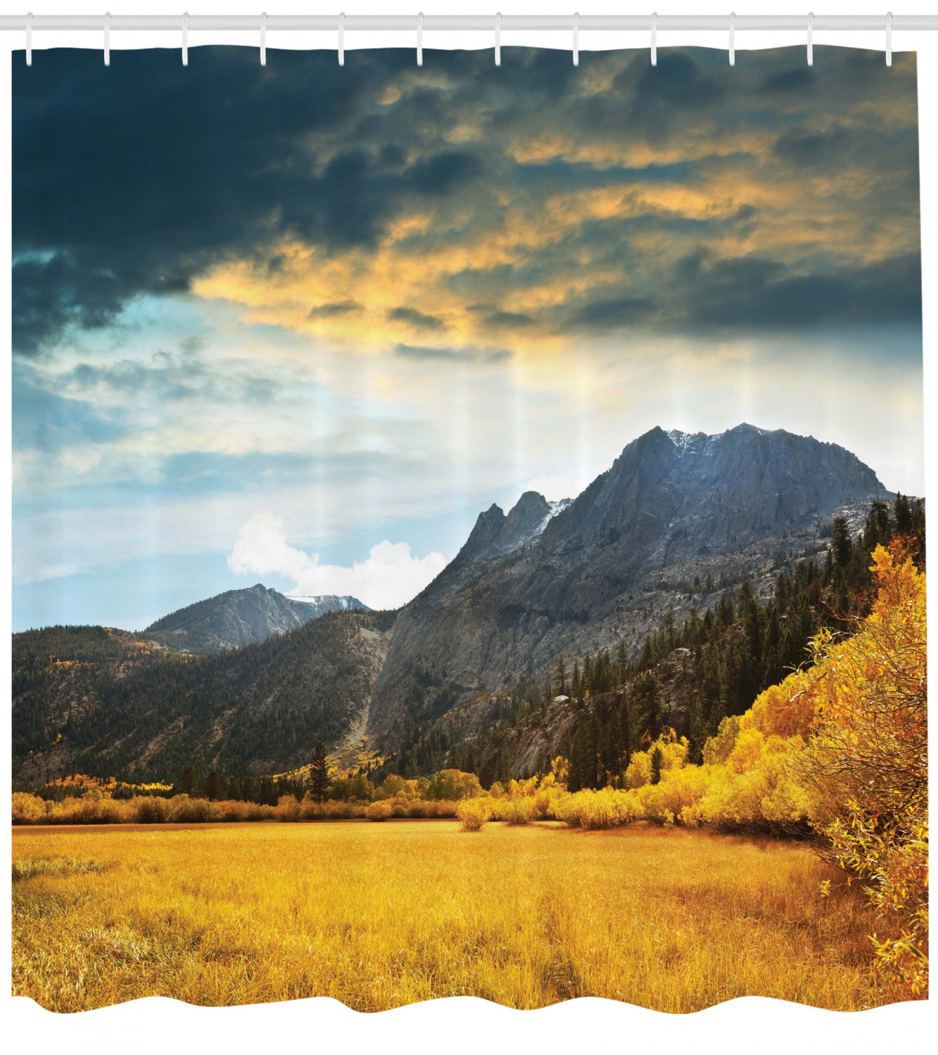 Autumn Mountain Scenery Shower Curtain - Grassland Sun Print For Bathroom - Image 2