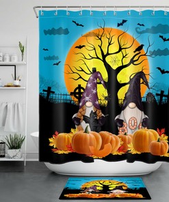Autumn Pumpkin Gnome, Bats And Full Moon Shower Curtain For Your Bathroom Decor
