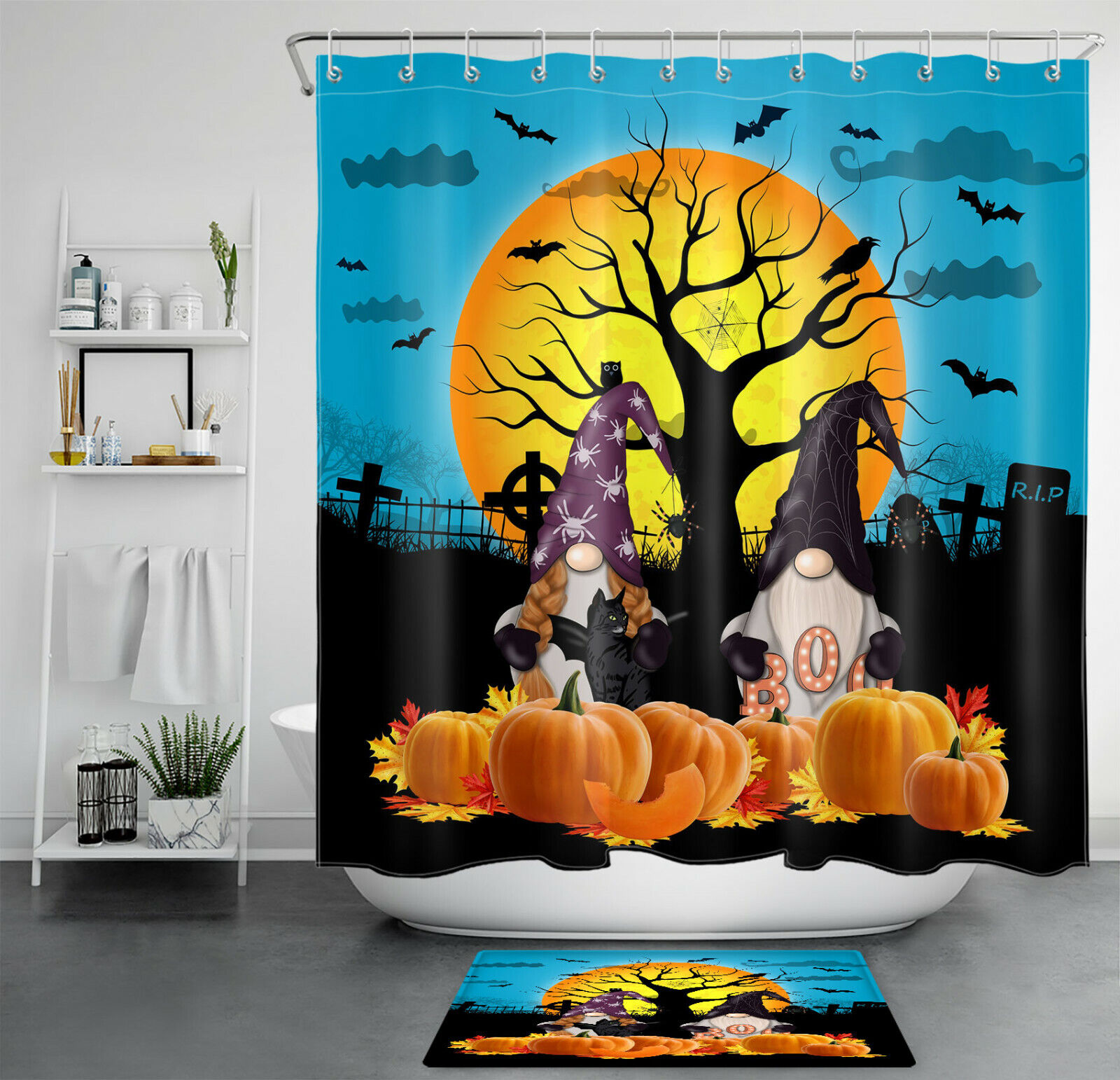 Autumn Pumpkin Gnome, Bats And Full Moon Shower Curtain For Your Bathroom Decor