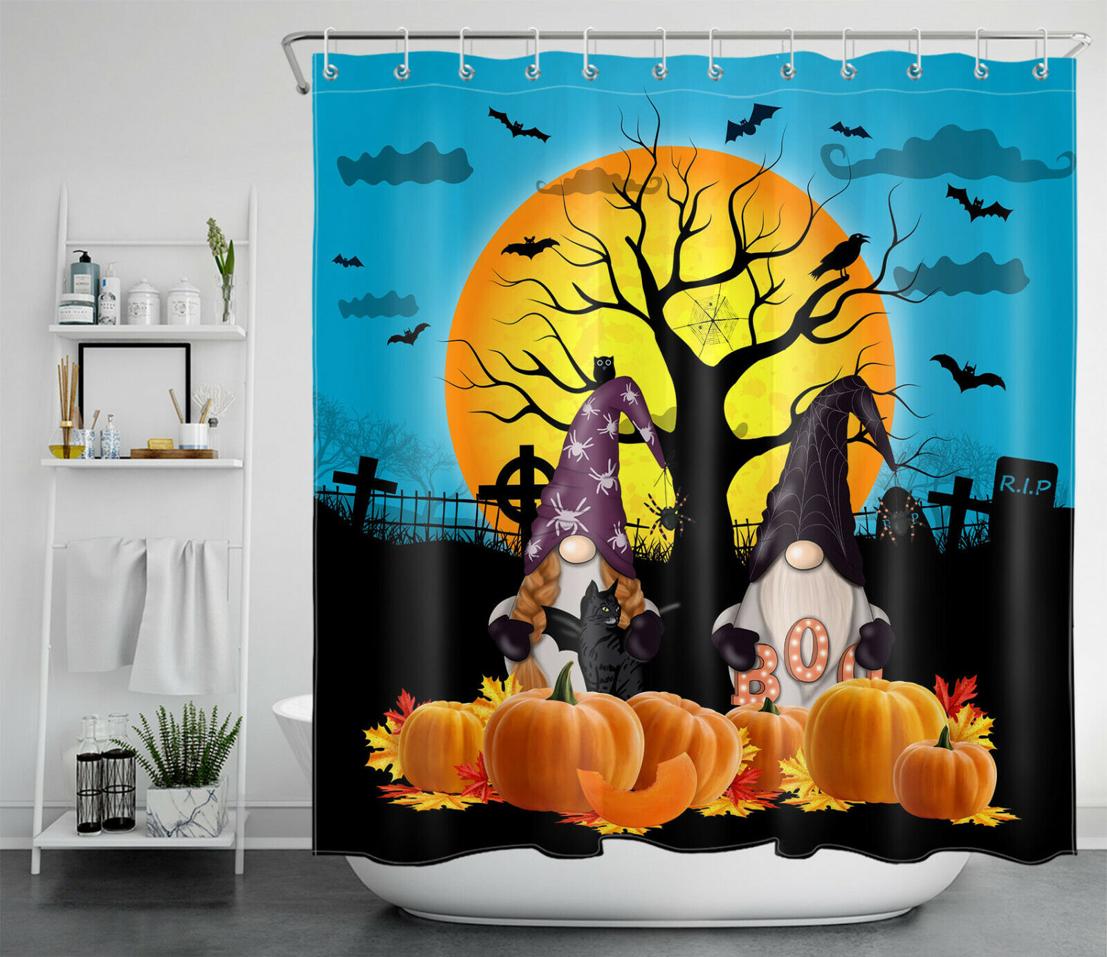 Autumn Pumpkin Gnome, Bats And Full Moon Shower Curtain For Your Bathroom Decor - Image 2