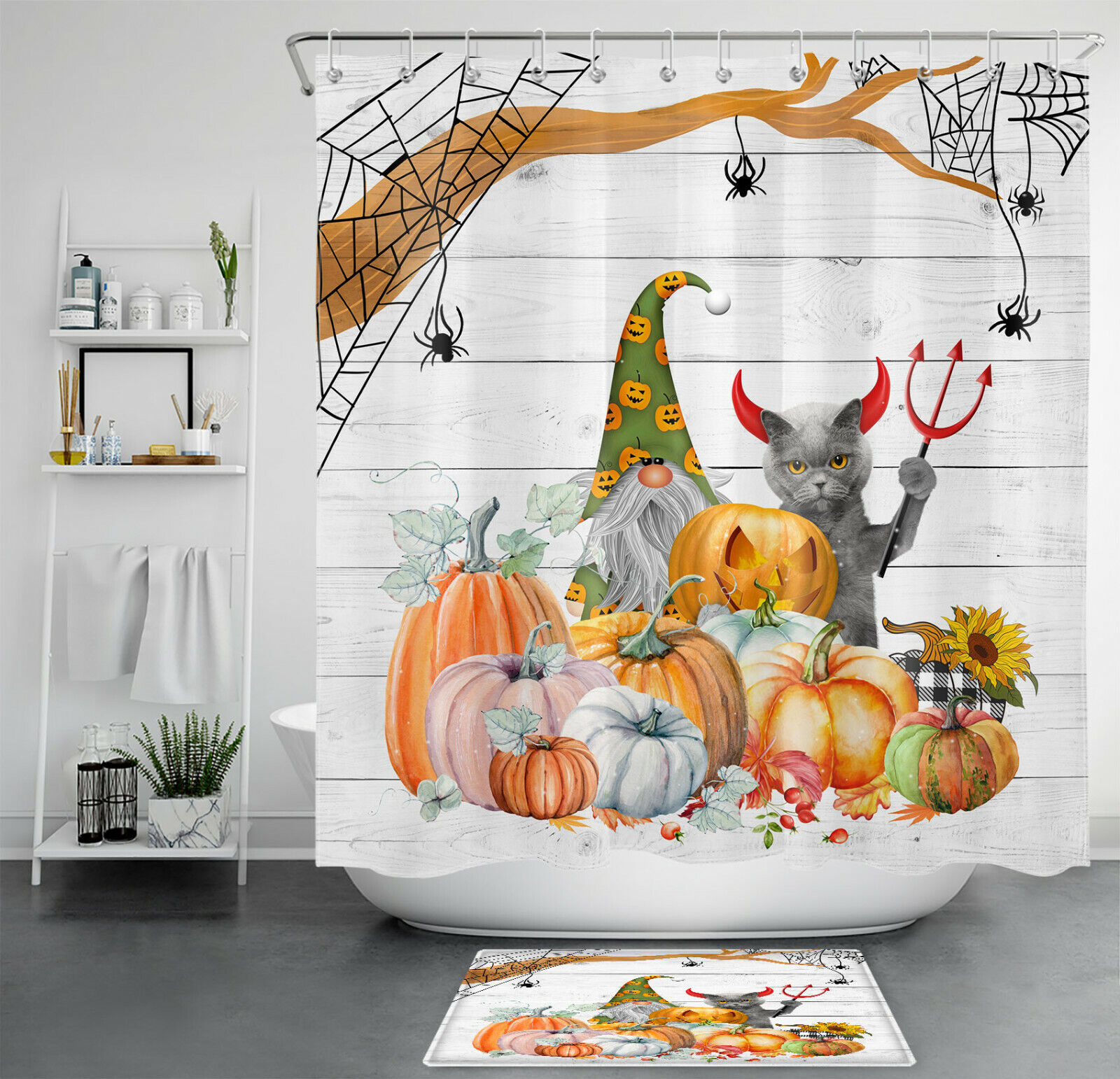 Autumn Pumpkin Gnome Shower Curtain Set With Funny Cat Devil Bathroom Accessory For Cheerful Bathroom Decor