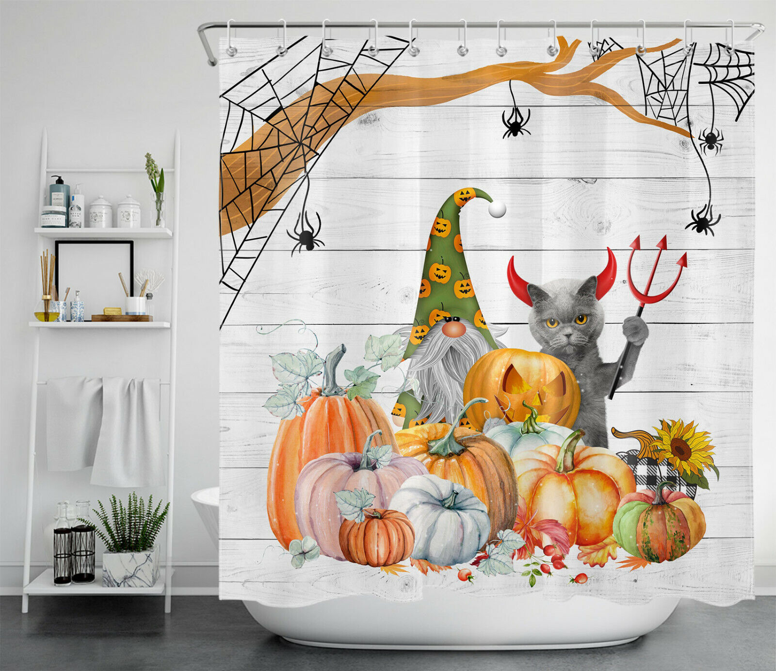 Autumn Pumpkin Gnome Shower Curtain Set With Funny Cat Devil Bathroom Accessory For Cheerful Bathroom Decor - Image 2