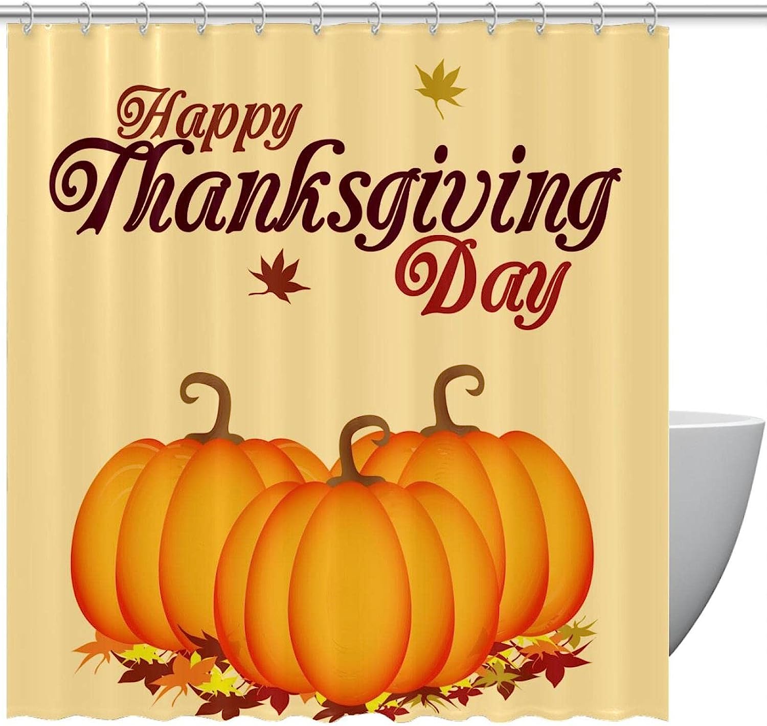 Autumn Pumpkin Leaves Print Fabric Shower Curtain for Cozy Thanksgiving Bathroom
