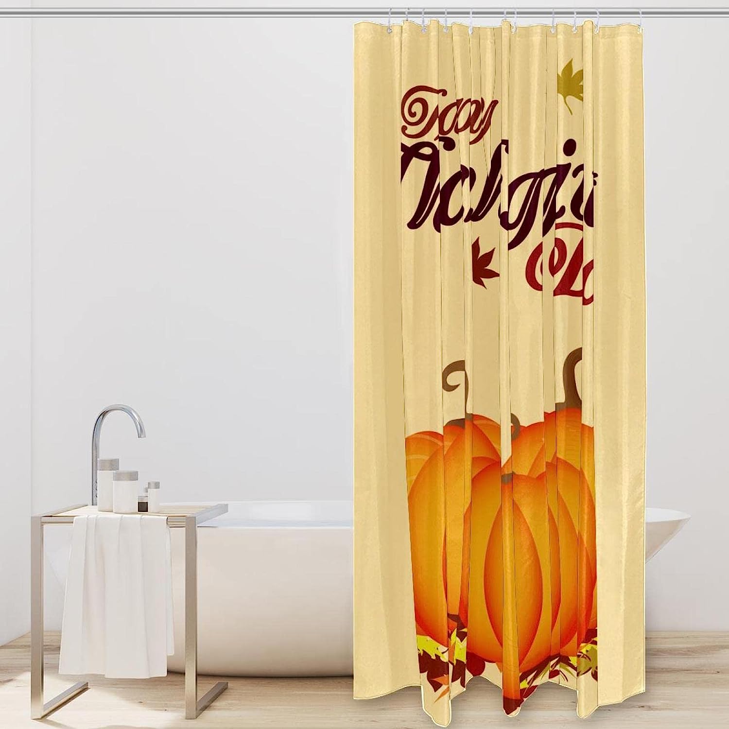Autumn Pumpkin Leaves Print Fabric Shower Curtain for Cozy Thanksgiving Bathroom
