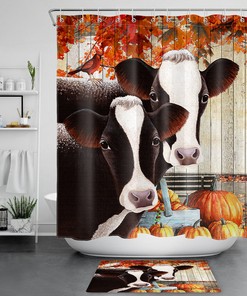 Autumn Pumpkins Maple Leaf Shower Curtain Farm Animal Cow 