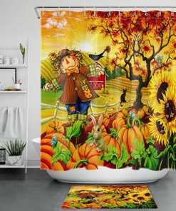 Autumn Scarecrow and Sunflower Shower Curtain, Festive Bathroom Decor