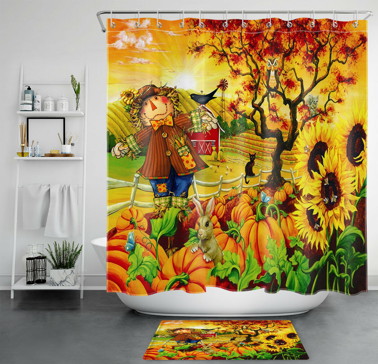 Autumn Scarecrow and Sunflower Shower Curtain, Festive Bathroom Decor
