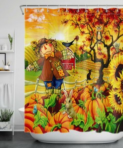 Autumn Scarecrow and Sunflower Shower Curtain, Festive Bathroom Decor