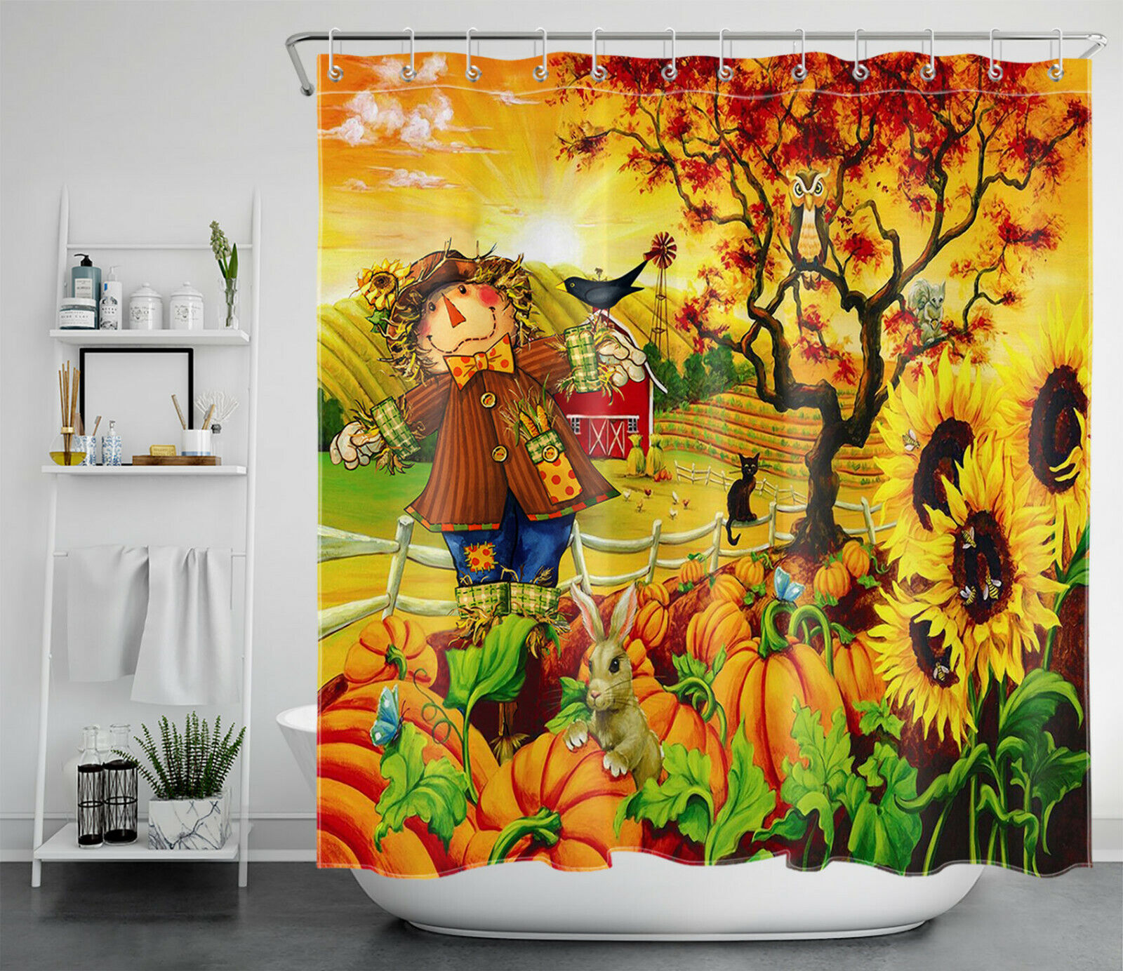 Autumn Scarecrow and Sunflower Shower Curtain, Festive Bathroom Decor