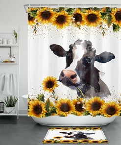 Autumn Sunflower Funny Cow Shower Curtain, Farmhouse Bathroom Decor 