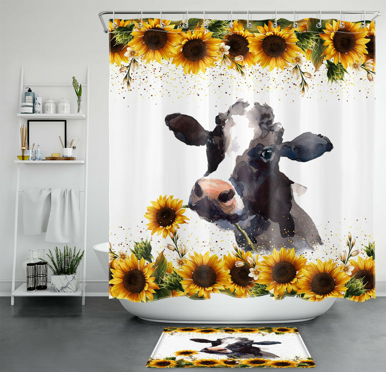 Autumn Sunflower Funny Cow Shower Curtain, Farmhouse Bathroom Decor