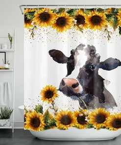 Autumn Sunflower Funny Cow Shower Curtain, Farmhouse Bathroom Decor