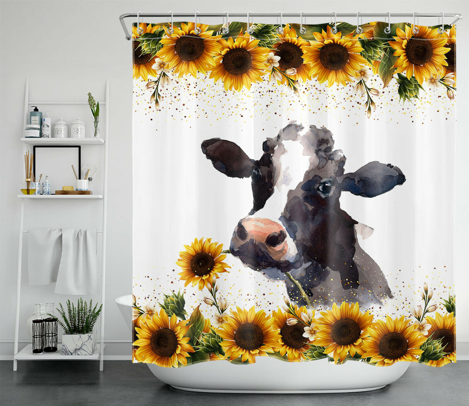 Autumn Sunflower Funny Cow Shower Curtain, Farmhouse Bathroom Decor