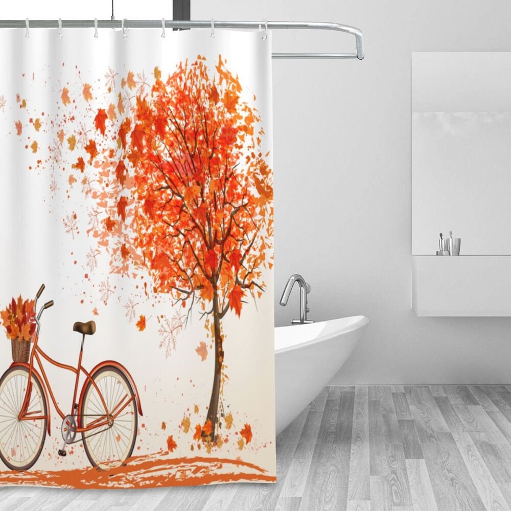 Autumn Trees And Old Bicycles Customizable Shower Curtain, Nature Theme Bathroom Decor - Image 2