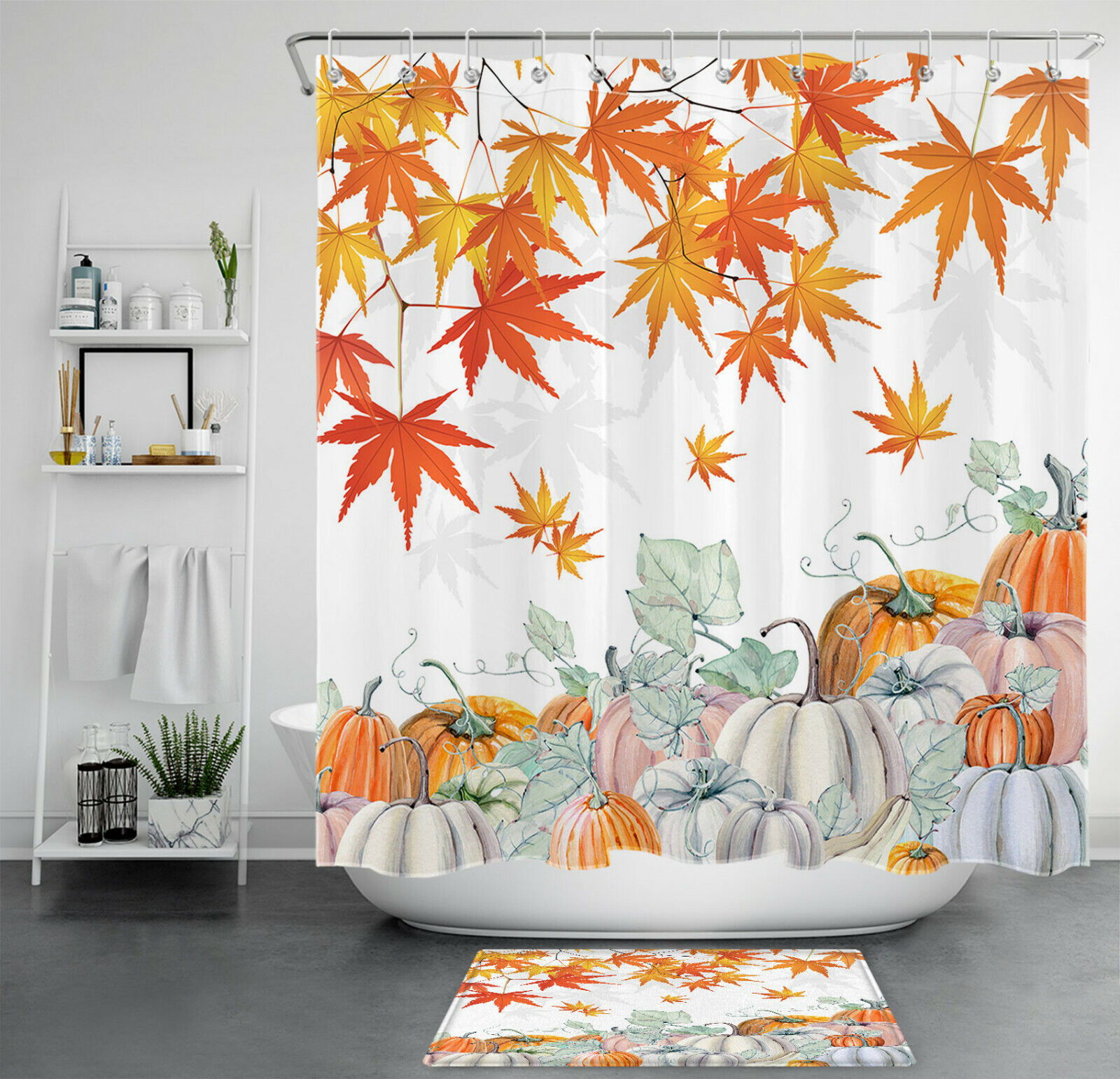 Autumn Watercolor Pumpkin Shower Curtain - Maple Leaves Bathroom Accessory