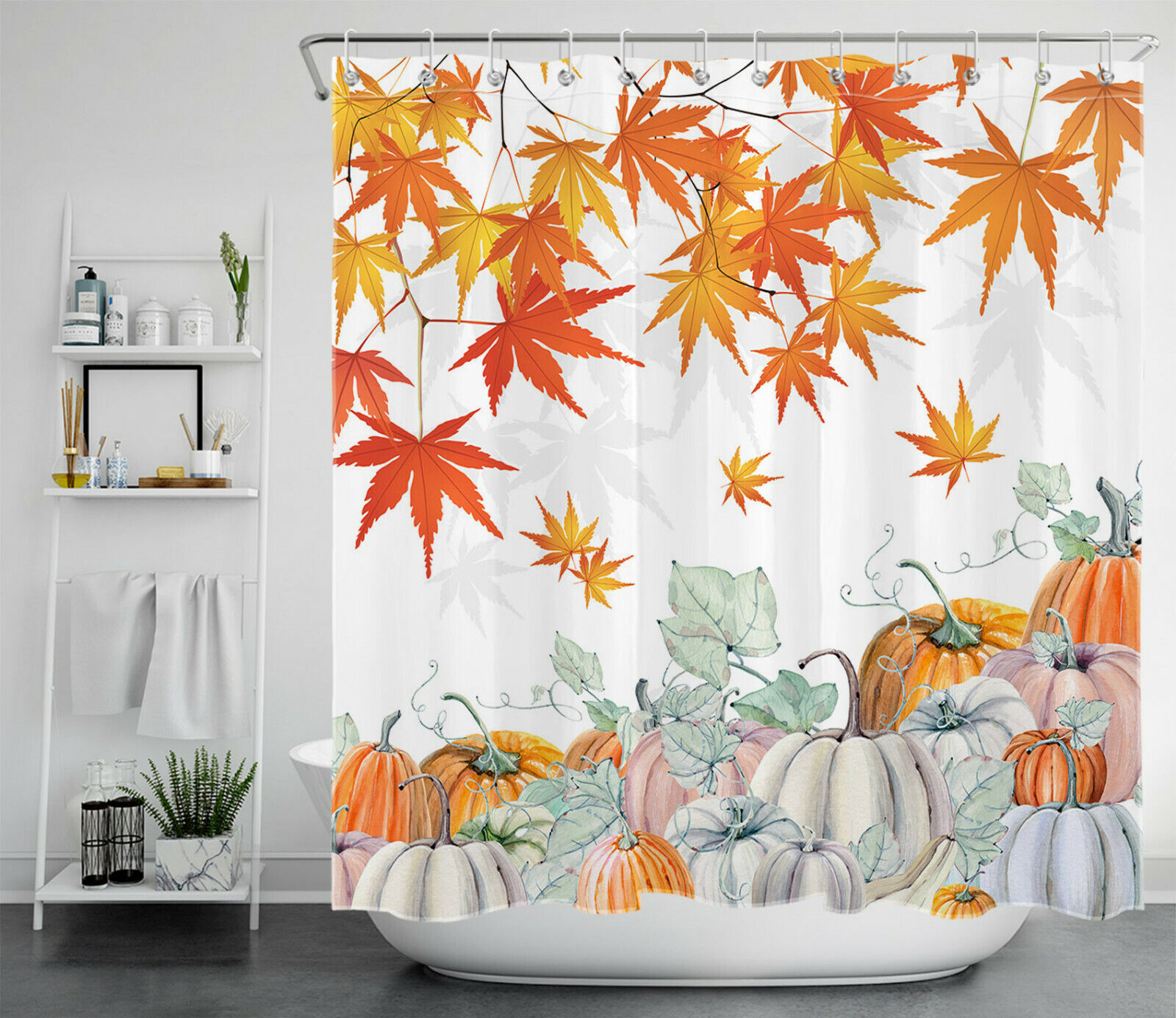 Autumn Watercolor Pumpkin Shower Curtain - Maple Leaves Bathroom Accessory - Image 2