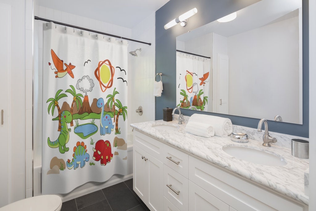 Awesome Dinosaur Shower Curtain For Boys' Room Decor With A Fun And Cool Design That Features Multiple Dinosaurs - Image 2