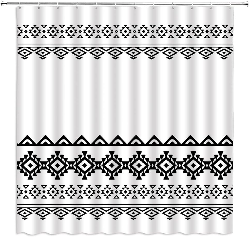 Aztec Black White Geometric Fabric Shower Curtain