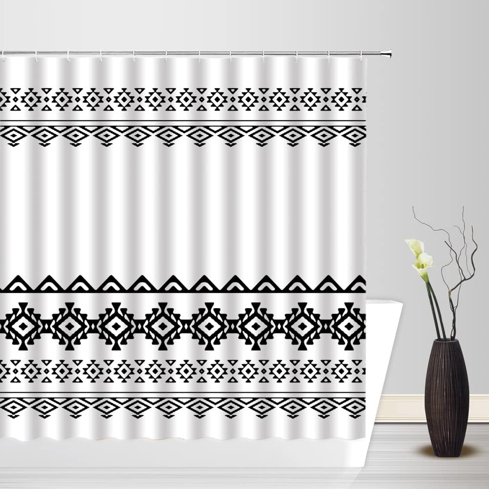 Aztec Black White Geometric Fabric Shower Curtain