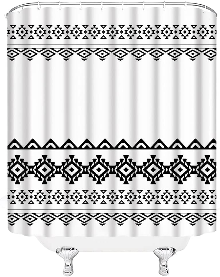 Aztec Black White Geometric Fabric Shower Curtain
