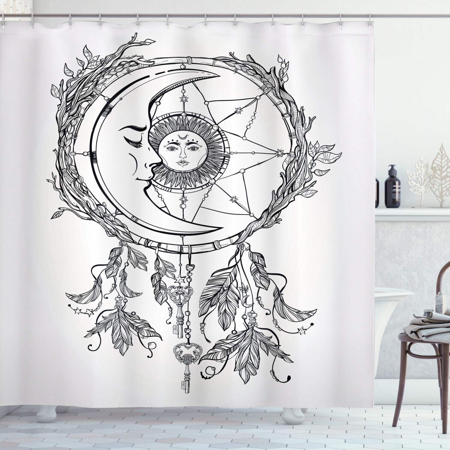 Aztec Geometric Design Tribal Shower Curtain with Dreamy Moon Print