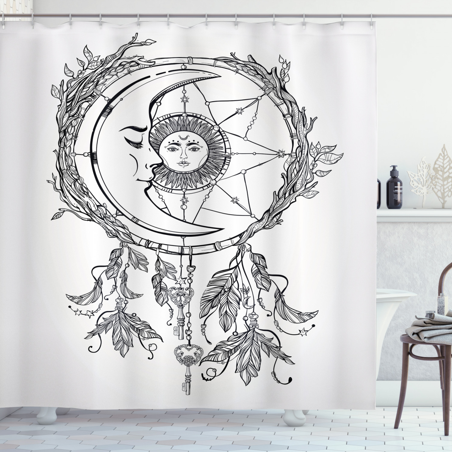 Aztec Geometric Design Tribal Shower Curtain with Dreamy Moon Print