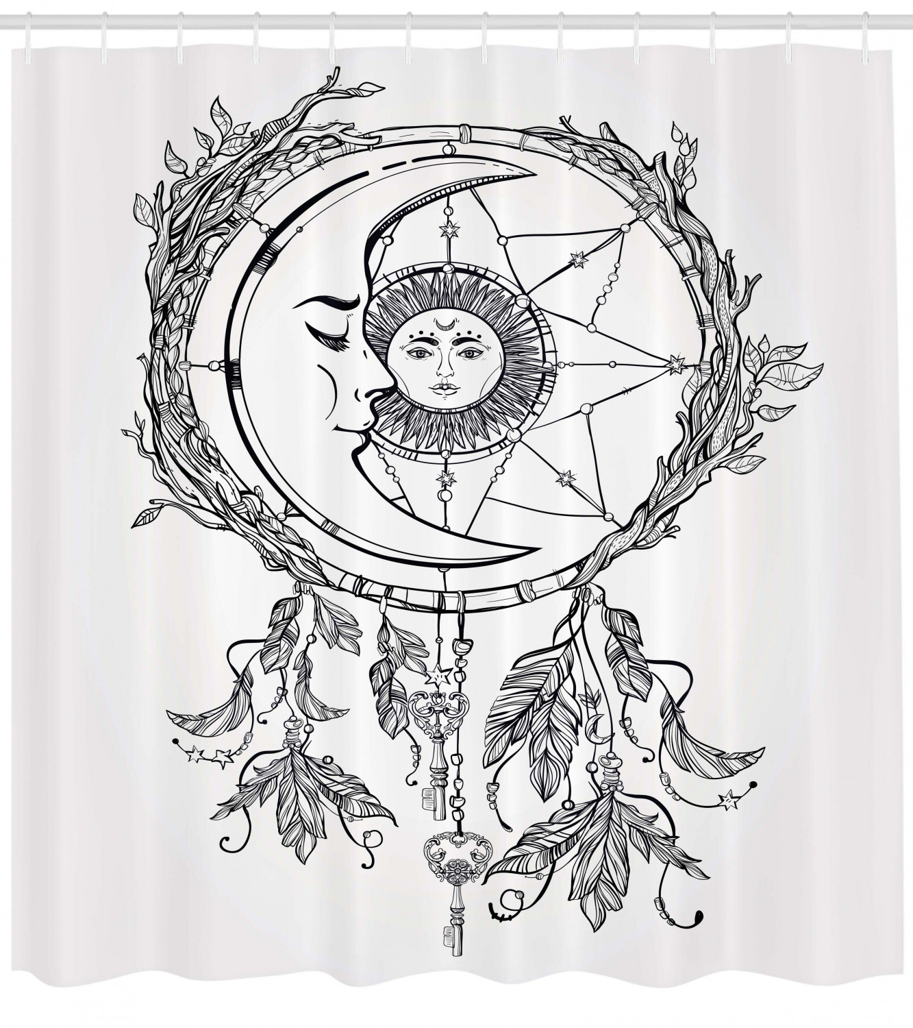 Aztec Geometric Design Tribal Shower Curtain with Dreamy Moon Print