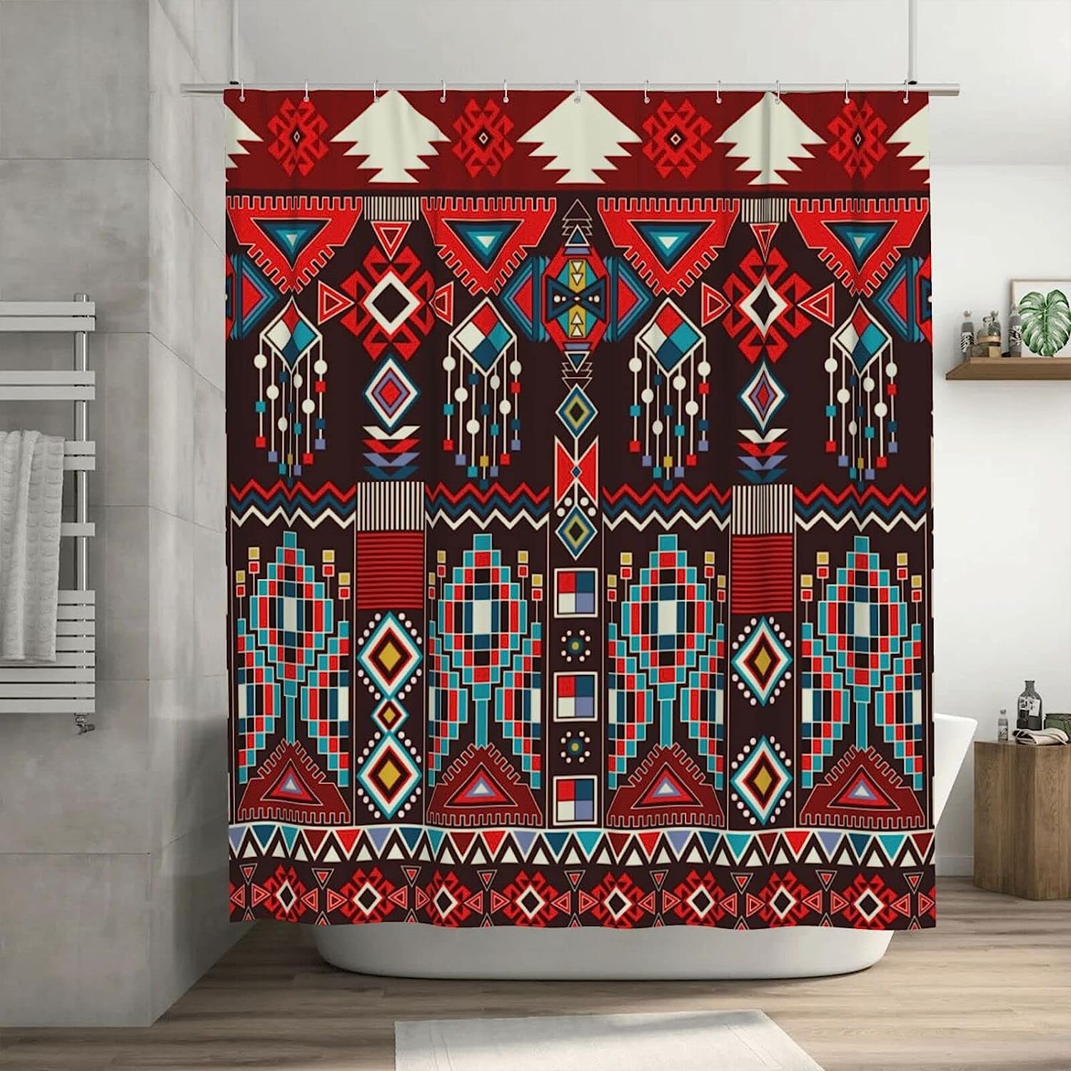 Aztec Shower Curtain Geometric Ethnic Pattern, Navajo Mexican Motif Bathtub Decorative Fabric Waterproof Curtain