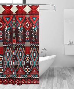 Aztec Shower Curtain Geometric Ethnic Pattern, Navajo Mexican Motif Bathtub Decorative Fabric Waterproof Curtain