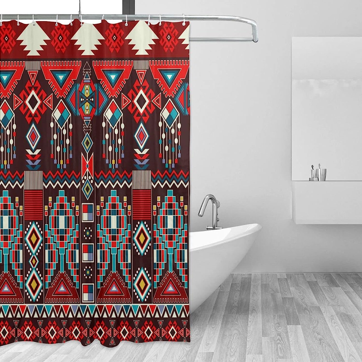 Aztec Shower Curtain Geometric Ethnic Pattern, Navajo Mexican Motif Bathtub Decorative Fabric Waterproof Curtain