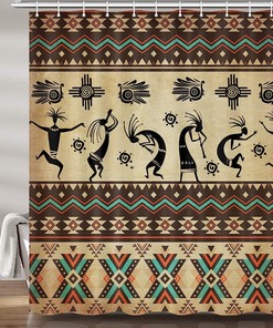 Aztec Western Kokopelli Ethnic Tribal Fabric Shower Curtain - Brown Southwestern Native American Bath Decor Accessoriess