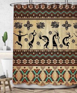 Aztec Western Kokopelli Ethnic Tribal Fabric Shower Curtain - Brown Southwestern Native American Bath Decor Accessoriess