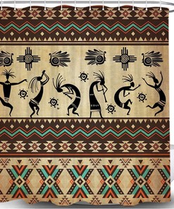 Aztec Western Kokopelli Ethnic Tribal Fabric Shower Curtain - Brown Southwestern Native American Bath Decor Accessoriess