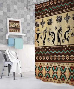 Aztec Western Kokopelli Ethnic Tribal Fabric Shower Curtain - Brown Southwestern Native American Bath Decor Accessoriess