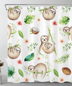 Baby Animals Sloth Watercolor Boho Tropical Drawing Bathroom Shower Curtain With Kids Bathroom Shower Curtain