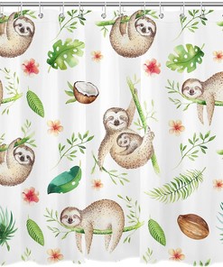 Baby Animals Sloth Watercolor Boho Tropical Drawing Bathroom Shower Curtain With Kids Bathroom Shower Curtain