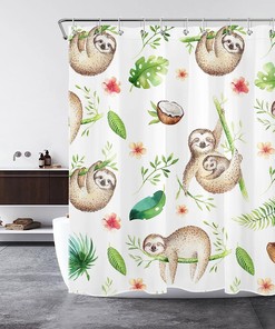 Baby Animals Sloth Watercolor Boho Tropical Drawing Bathroom Shower Curtain With Kids Bathroom Shower Curtain