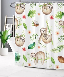 Baby Animals Sloth Watercolor Boho Tropical Drawing Bathroom Shower Curtain With Kids Bathroom Shower Curtain