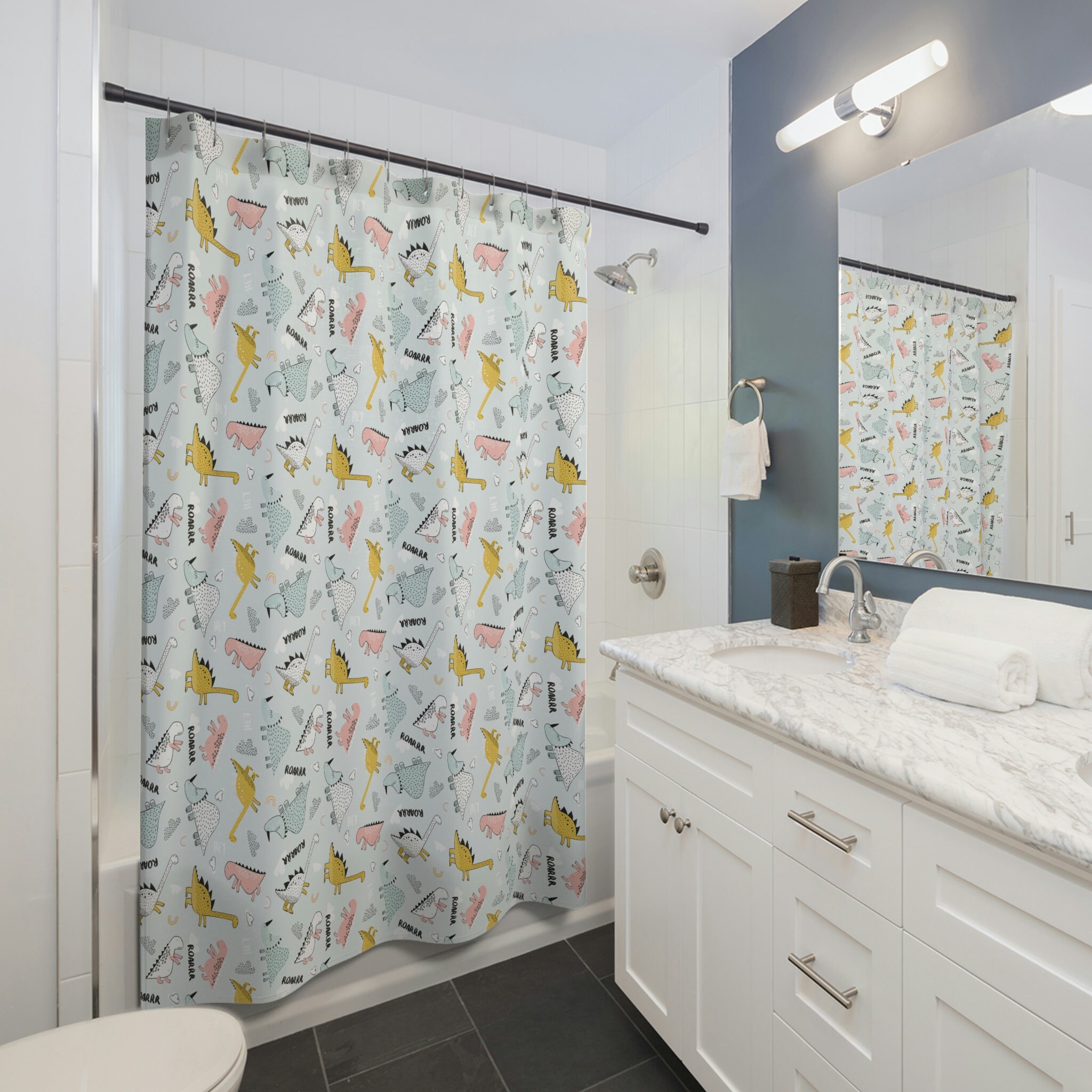 Baby Blue Dinosaur Shower Curtain - Image 2
