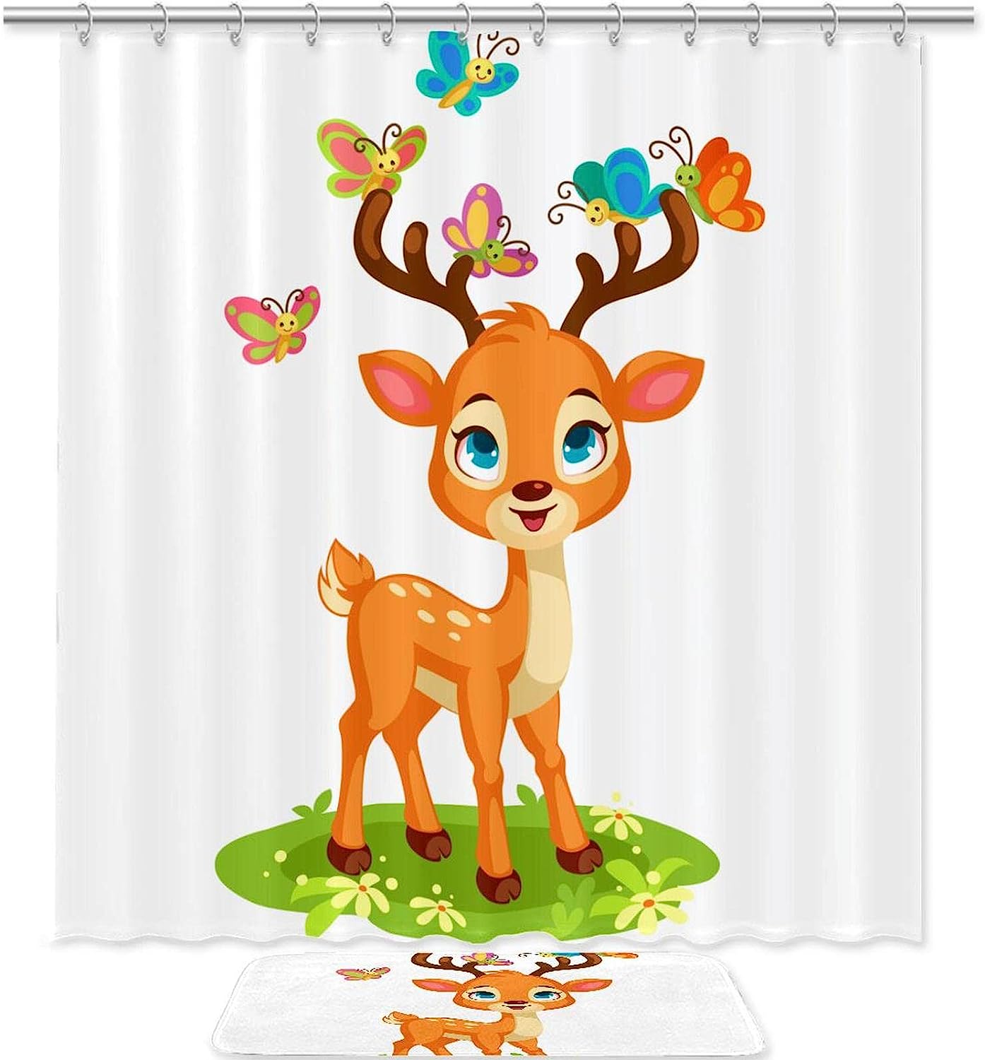 Baby Deer Butterflies Shower Curtain With Waterproof Bathroom Decors For Cute Animal Lovers, Bathroom Decor