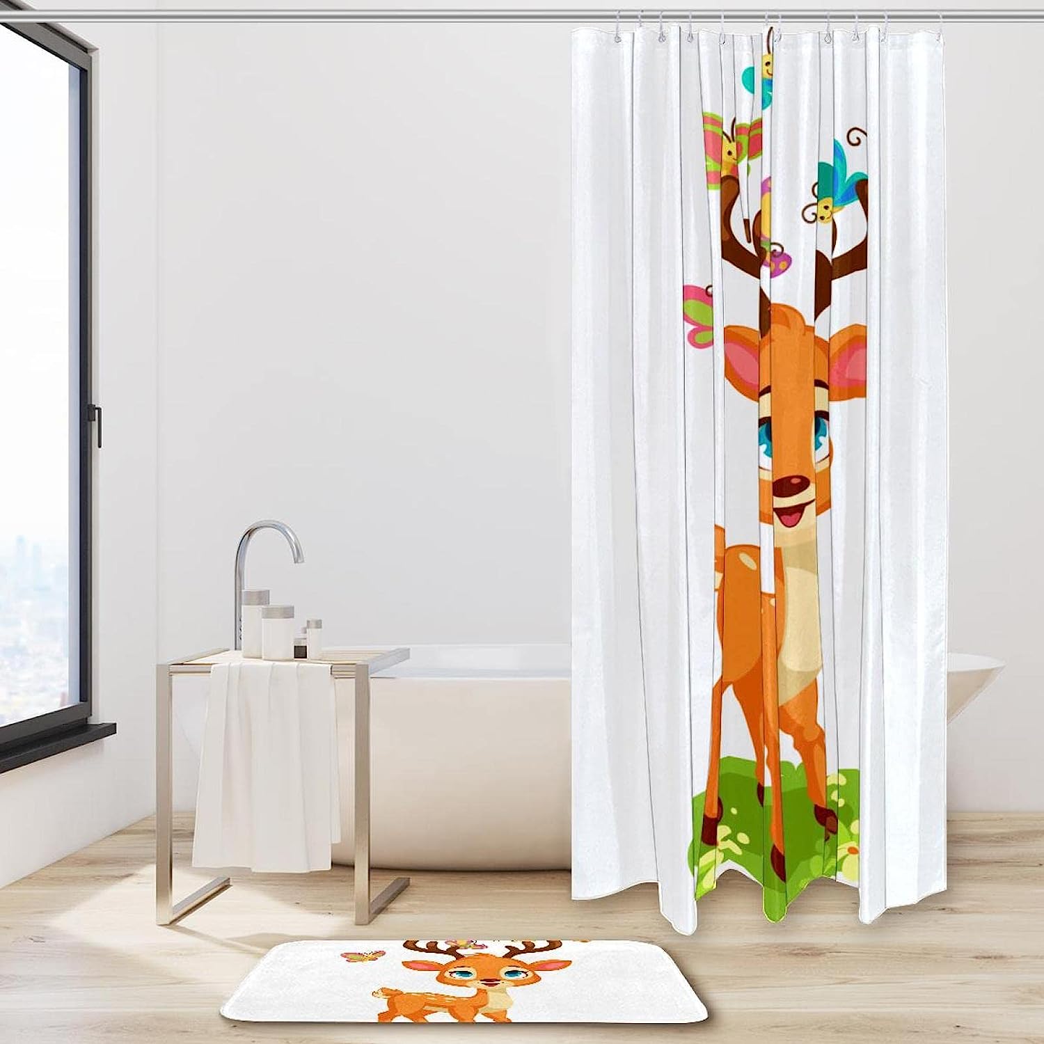 Baby Deer Butterflies Shower Curtain With Waterproof Bathroom Decors For Cute Animal Lovers, Bathroom Decor - Image 2