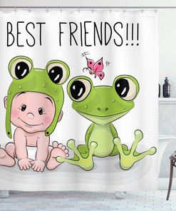 Baby Frog Love Friends Printed Shower Curtain for Kid's Bathroom Decor- Waterproof and Cute 