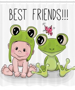 Baby Frog Love Friends Printed Shower Curtain for Kid's Bathroom Decor- Waterproof and Cute 