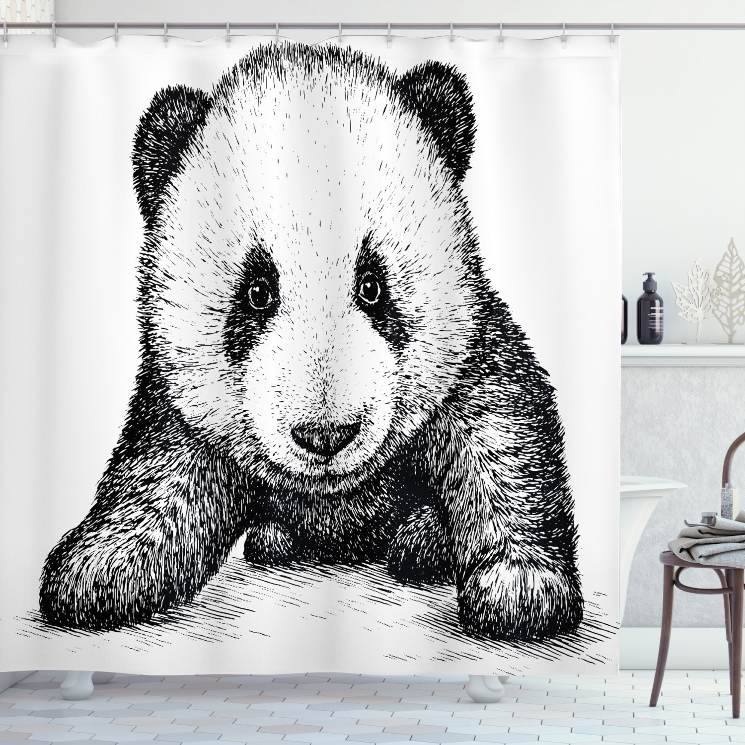 Baby Panda Bear Sketch Print Animal Shower Curtain For Kids Bathroom - Image 3