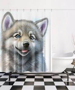 Baby Wolf Art Print Shower Curtain, Animal Bathroom Curtain For Nature Lovers