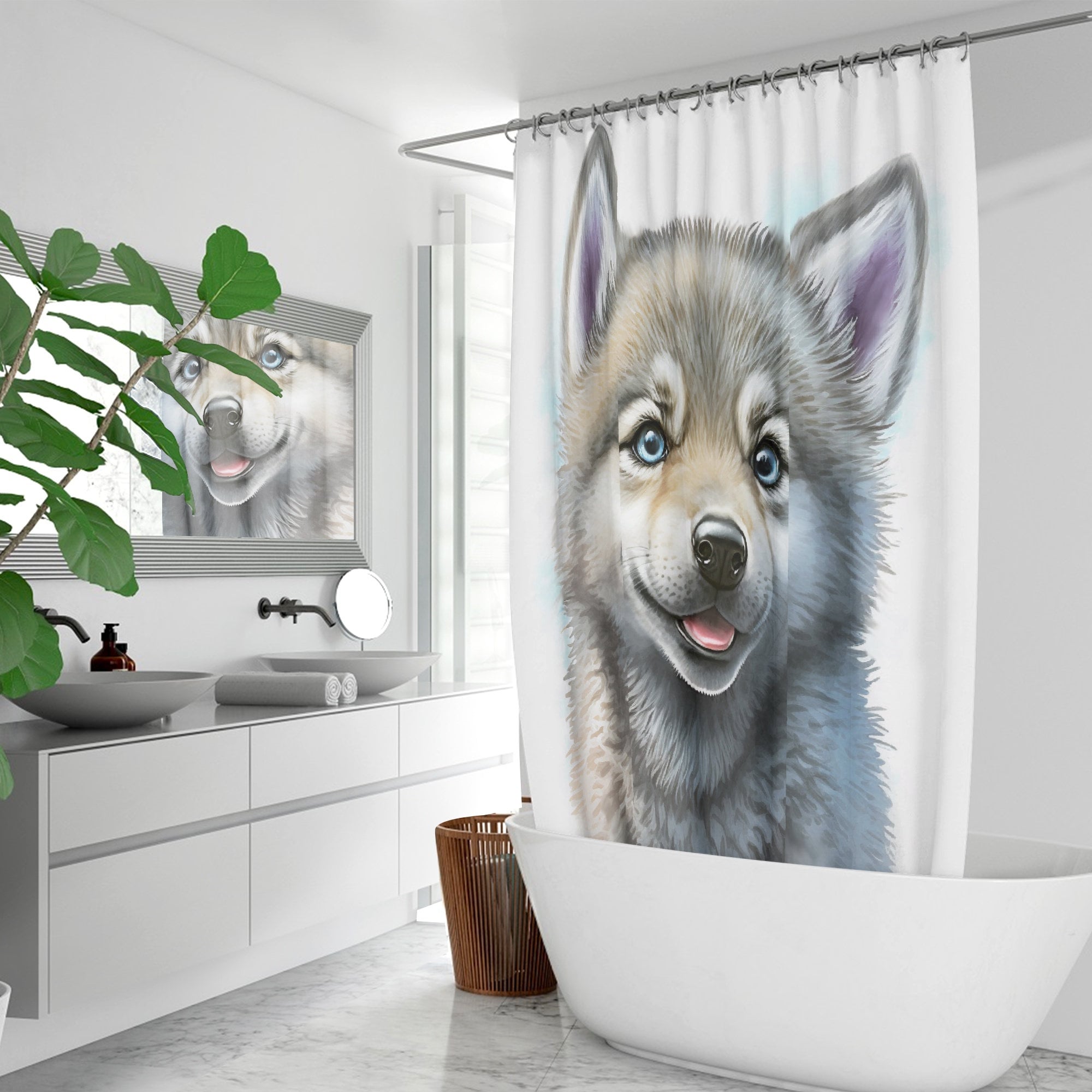 Baby Wolf Art Print Shower Curtain, Animal Bathroom Curtain For Nature Lovers - Image 2