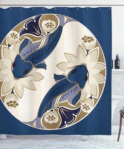 Balance Nature Koi Fish Shower Curtain, Cloth Fabric Bathroom Decor with Beings of Times Ying Yang Form Flower