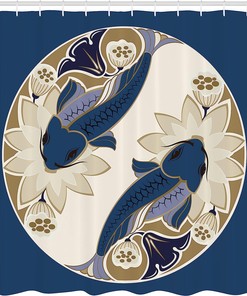 Balance Nature Koi Fish Shower Curtain, Cloth Fabric Bathroom Decor with Beings of Times Ying Yang Form Flower